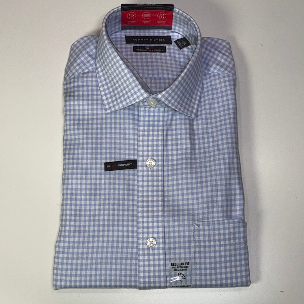 Tommy Hilfiger Men's Flex regular fit wrinkle free Dress Shirt, Blue 14.5 32/33